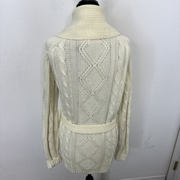 Vintage Kari Lynn Woman M Open Cardigan Belted Cable Knit Sweater Fisherman 70s - Picture 3 of 7